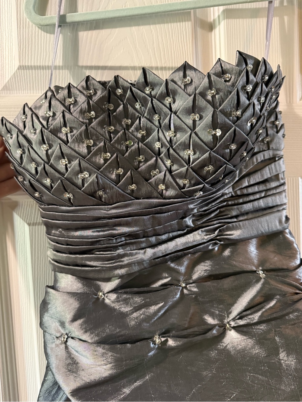 Scala Pewter Metallic Bubble Hem Cocktail Dress Strapless Beaded Size 0